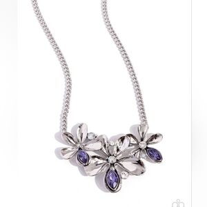 Silver Floral Pendant Necklace with Purple Stones Adjustable 16-18"